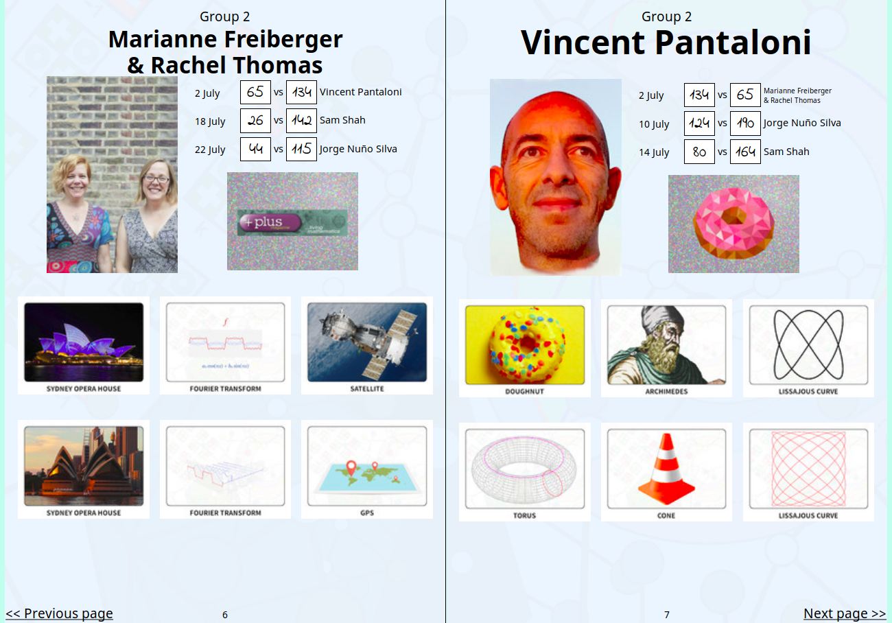 Screenshot of math-off sticker book, showing pages for Marianne Freiberger and Rachel Thomas, and Vincent Pantaloni